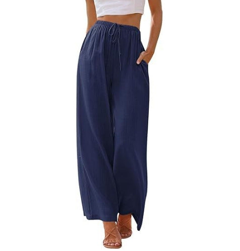 Damen nan weite Leinenhose mit elastischem Bund Kordel und Seitentaschen Drune