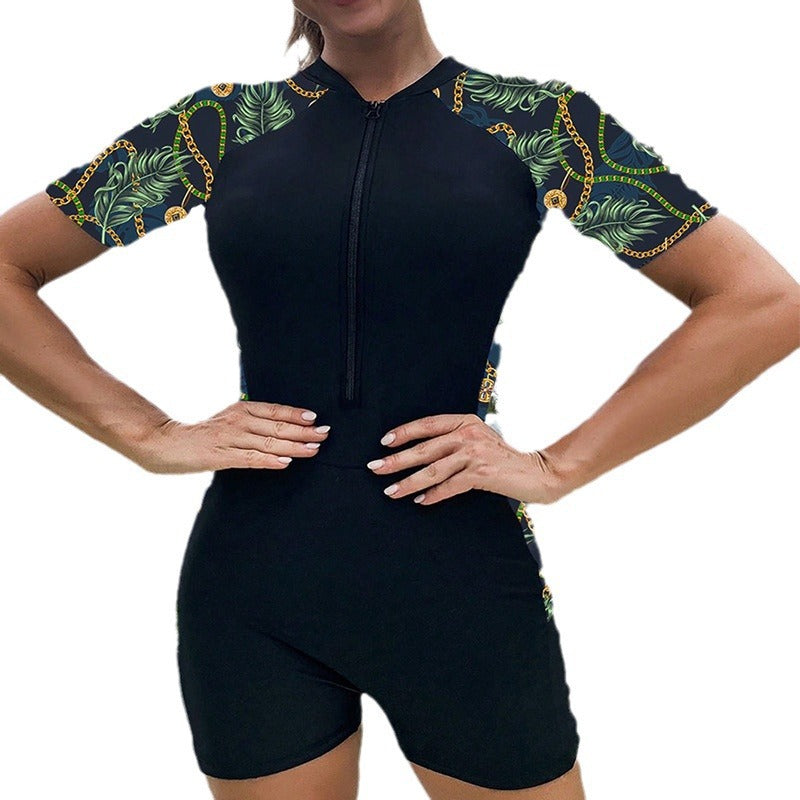 Damen Kurzarm Surferanzug mit floralem Design und Reißverschluss Drune
