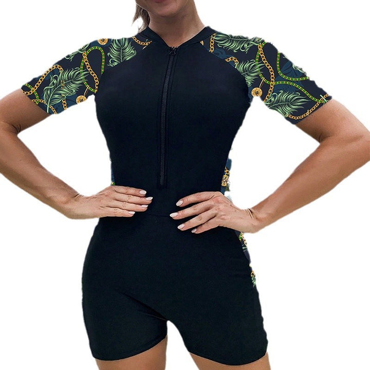 Damen Kurzarm Surferanzug mit floralem Design und Reißverschluss Drune