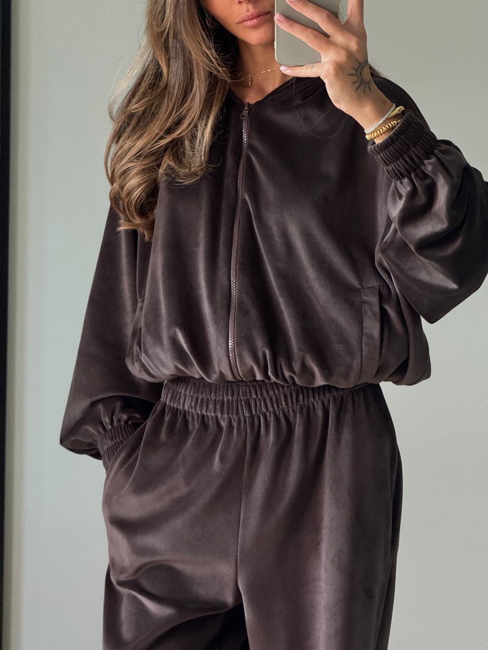Damen modisches Velours-Set mit elastischem Bund und hohem Kragen Drune