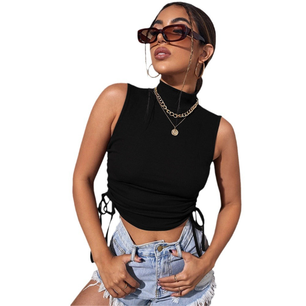 Damen figurbetontes Trägershirt mit raffiniertem Schnürdesign und hohem Kragen Drune