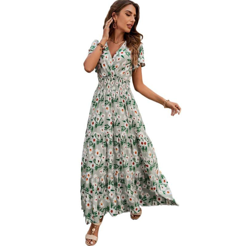 Damen Maxikleid mit floralem Design und elastischem Taillenbund Drune