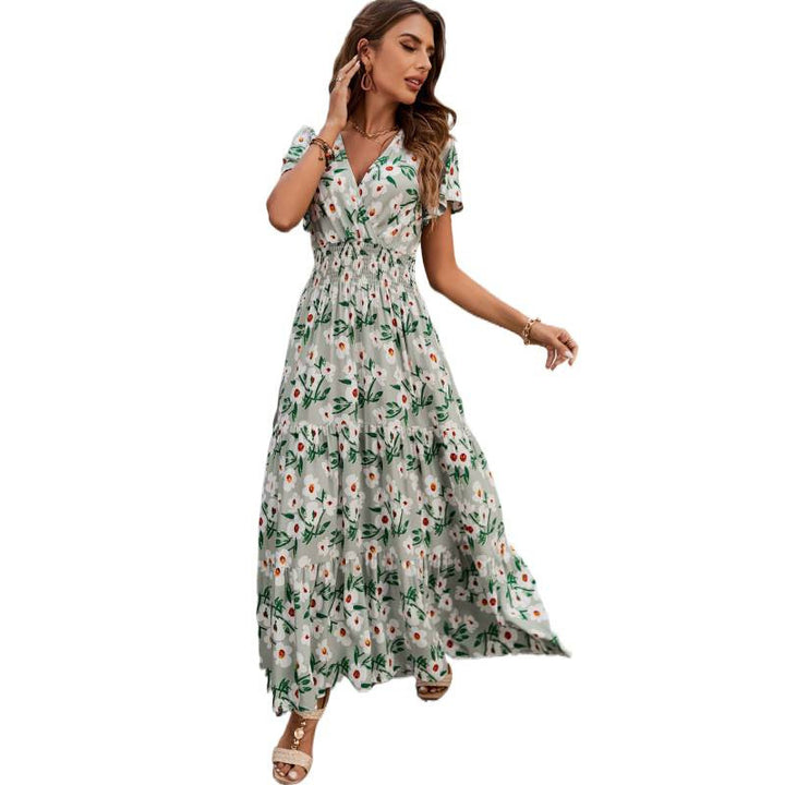 Damen Maxikleid mit floralem Design und elastischem Taillenbund Drune
