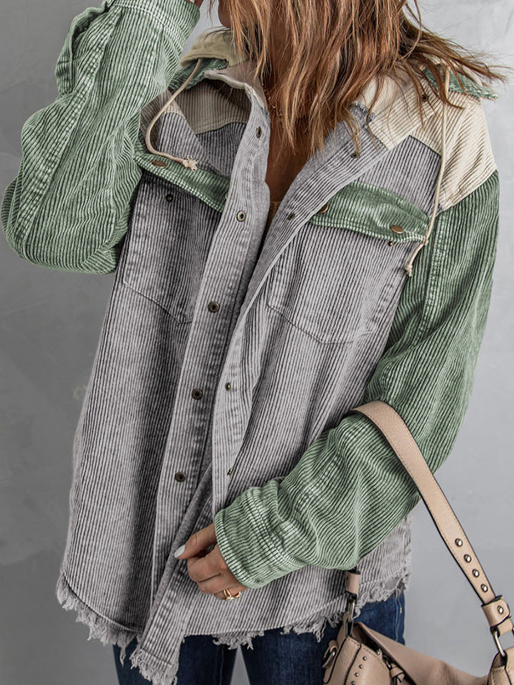 Drune | Damen Kapuzenjacke – Corduroy – Oversized Fit – Knopfverschluss – Ausfrans Saum Casual
