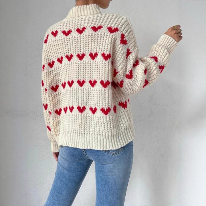 Damen Grobstrickpullover mit Herzmuster und Rollkragen Drune