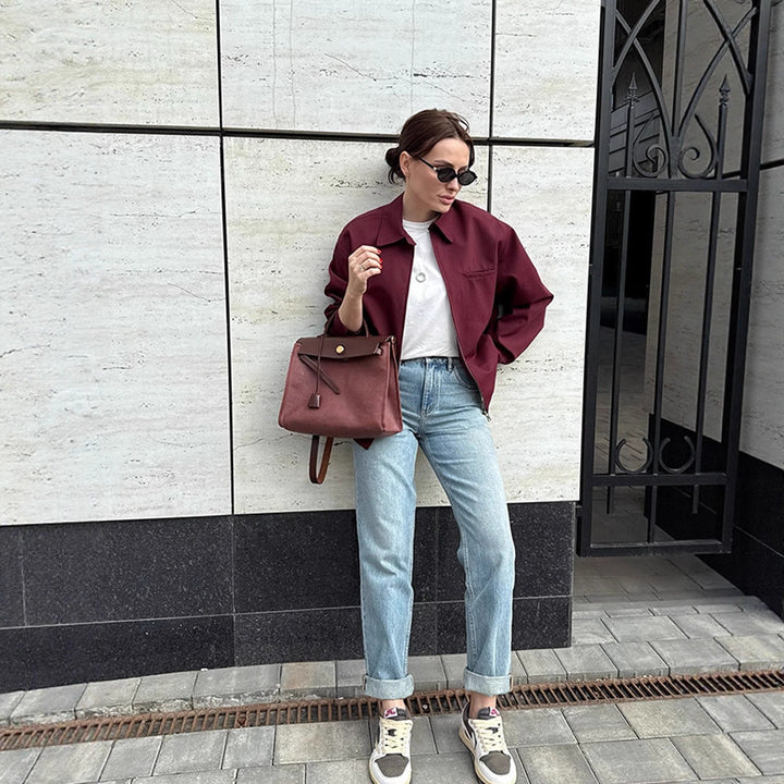 Damen modische Oversized-Jacke mit praktischem Reißverschluss Drune