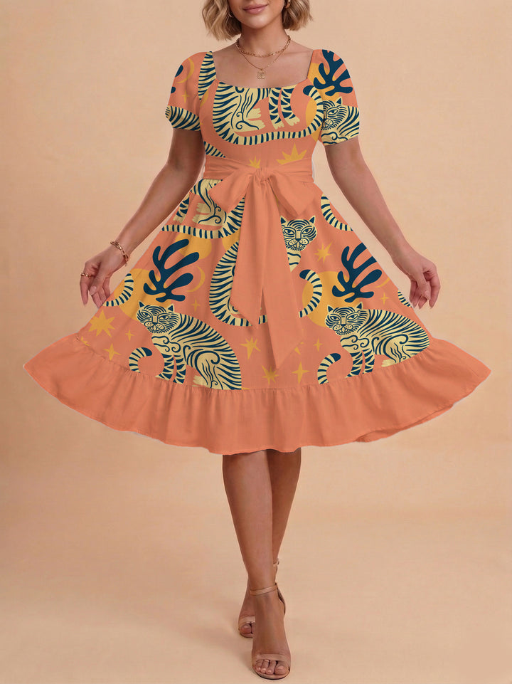 Damen A-Linien-Kleid mit floralen Motiven und taillierbarem Gürtel Drune