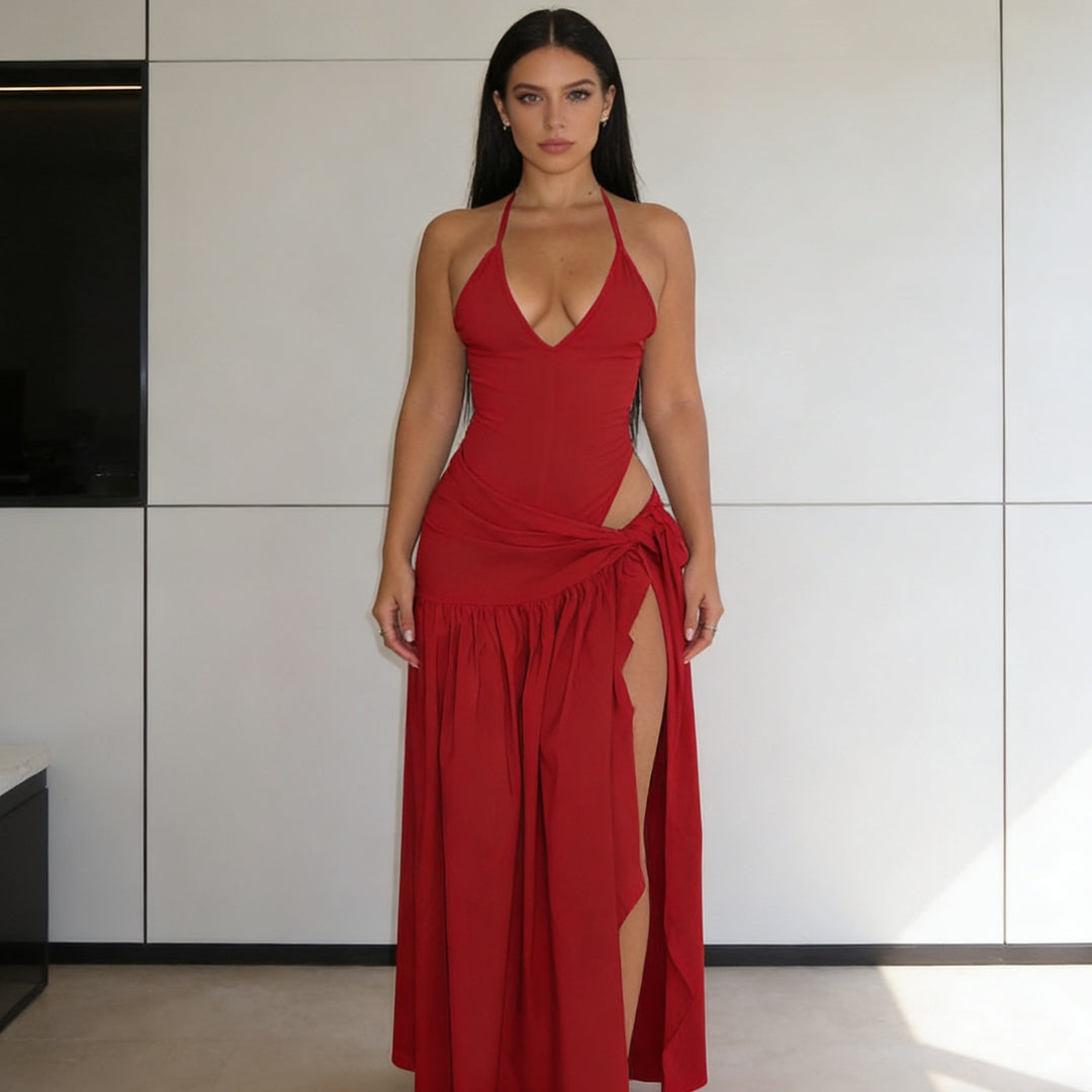 Damen Elegantes Bodenkleid mit Wickeldesign und Raffungen Drune