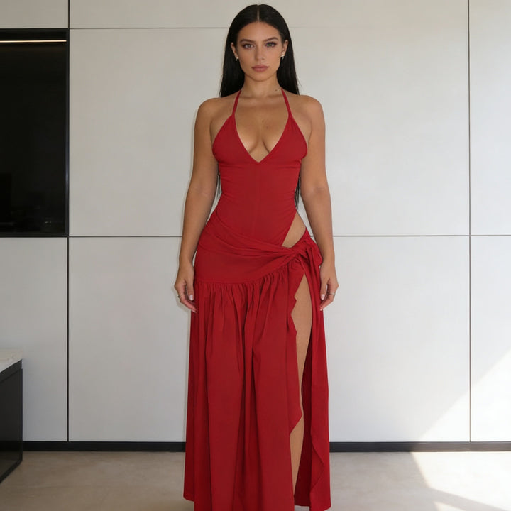 Damen Elegantes Bodenkleid mit Wickeldesign und Raffungen Drune