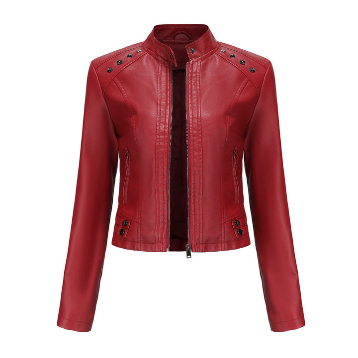 Damen nan kurze taillierte Kunstlederjacke mit Nietenbesatz und Stehkragen Drune