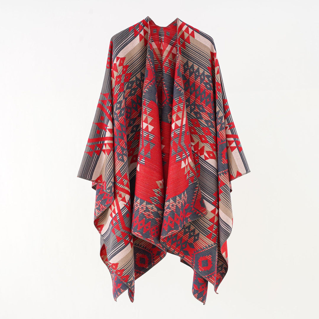 Damen Geometrischer Überwurfponcho mit warmem Material und trendiger Musterung Drune