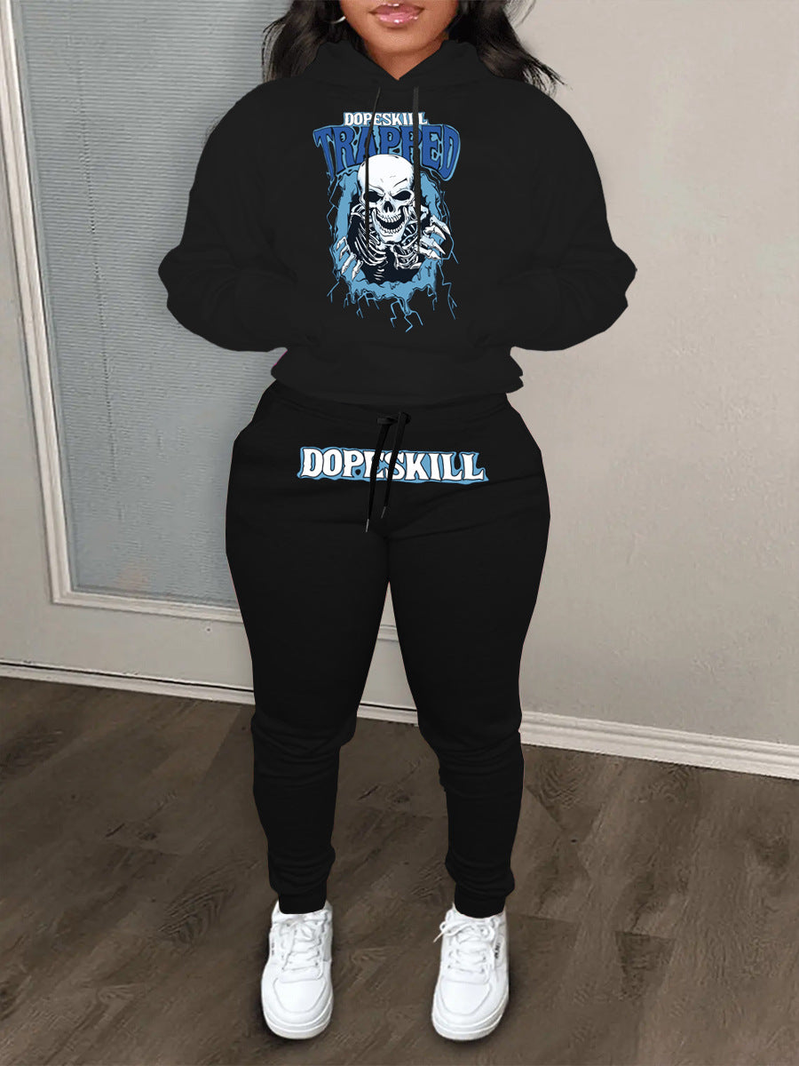 Damen Hoodie und Jogginghose Set mit auffälligem Skelettmotiv Drune