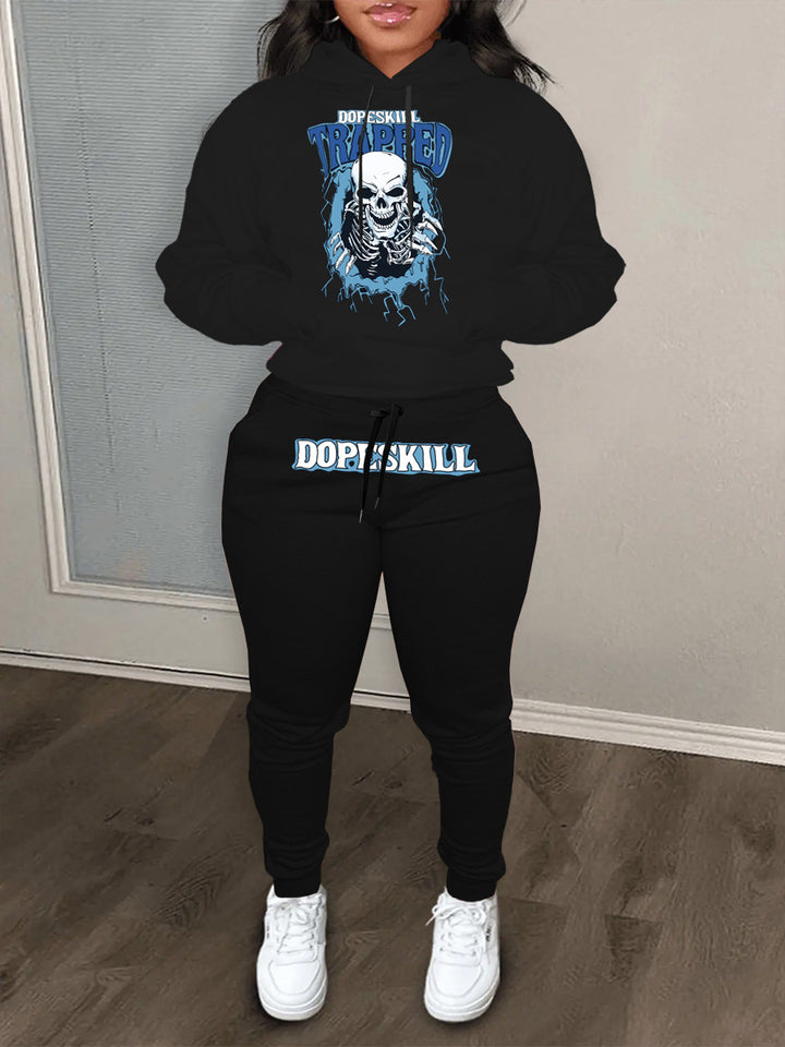 Damen Hoodie und Jogginghose Set mit auffälligem Skelettmotiv Drune