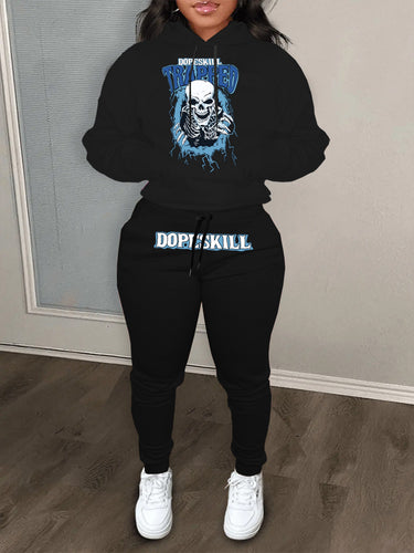 Damen Hoodie und Jogginghose Set mit auffälligem Skelettmotiv Drune