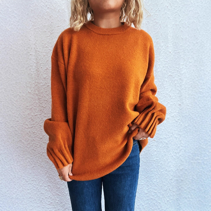 Damen lässiger Strickpullover mit weitem Rundhalsausschnitt und fluffiger Textur Drune