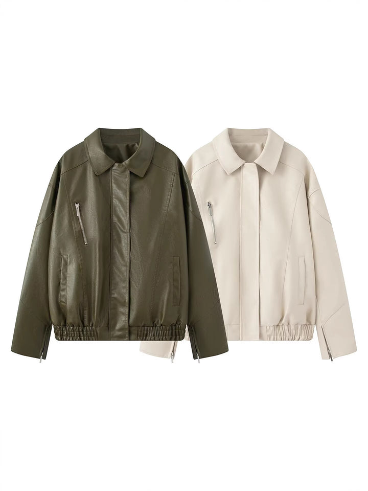 Damen modische Kunstlederjacke mit modernem Stehkragen und elastischem Saum Drune
