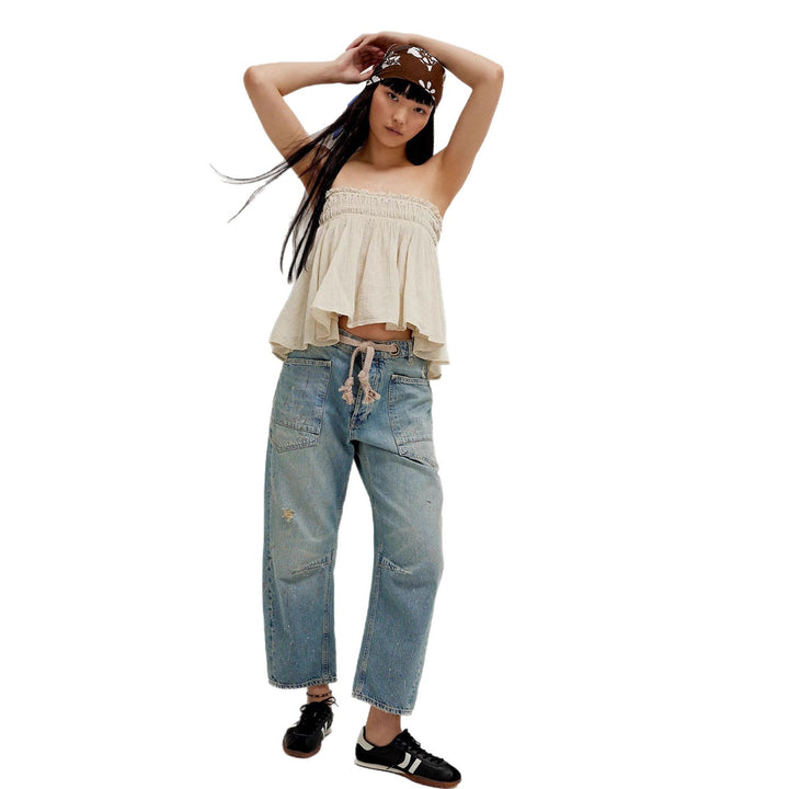 Damen nan hochgeschnittene Jeans im weiten Schnitt mit aufgesetzten Taschen und Kordelzug Drune