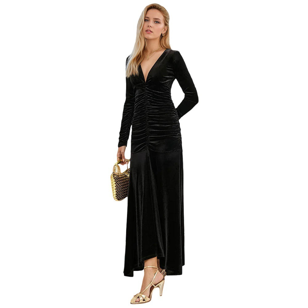 Damen Maxikleid mit tiefem V-Ausschnitt und geschmeidiger Raffung Drune