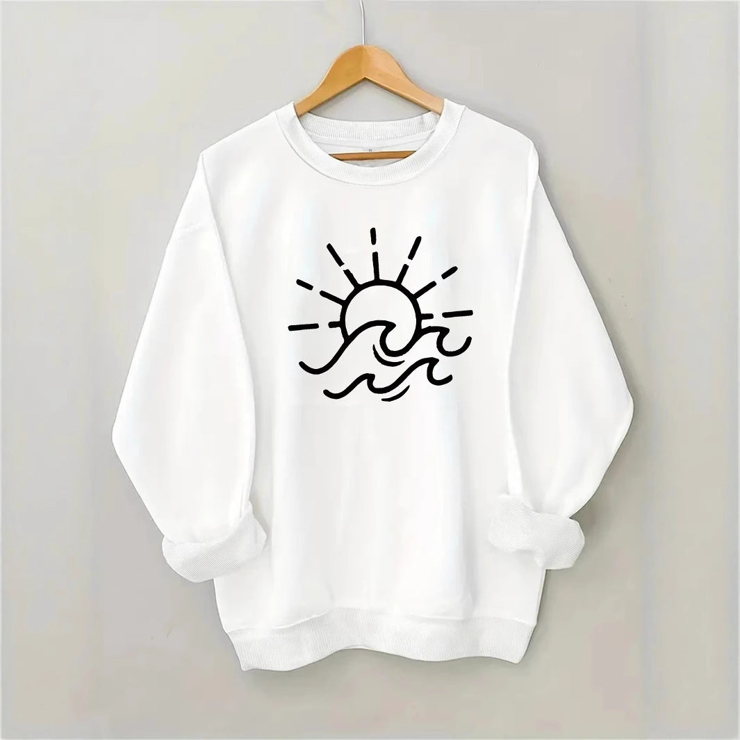 Damen Sweatshirt mit kreativem Sonnen- und Wellenmotiv Drune