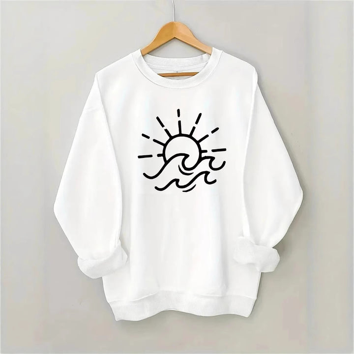 Damen Sweatshirt mit kreativem Sonnen- und Wellenmotiv Drune