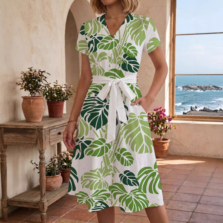 Damen lässiges Maxikleid mit taillierbarem Knoten und dekorativem Karomuster Drune