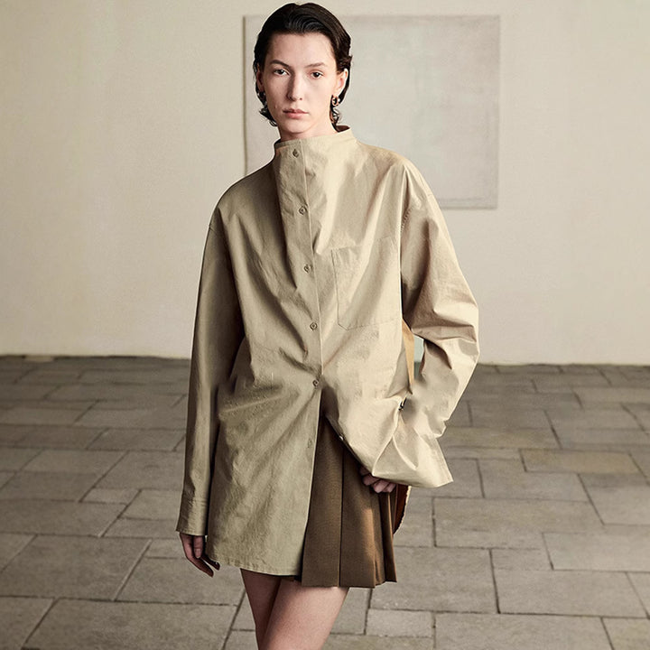 Damen Langarm-Hemd mit minimalistischer Knopfleiste und Brusttasche Drune