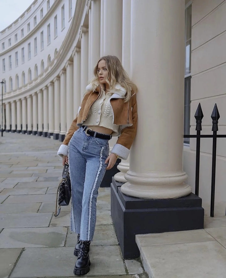 Damen cropped Kunstlederjacke mit kuscheligem Teddyfutter und praktischen Taschen Drune