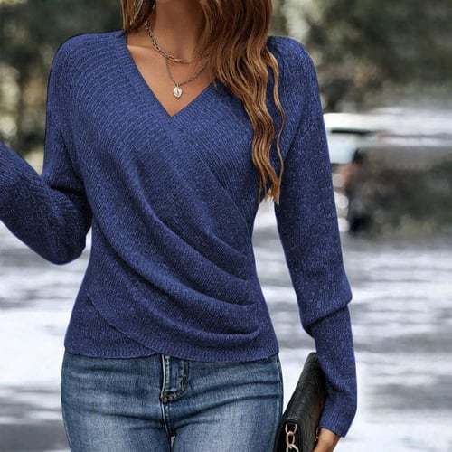 Damen nan figurbetonter Wickel-Strickpullover mit V-Ausschnitt und feiner Rippenstruktur Drune