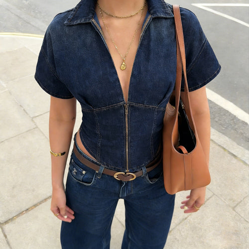 Damen Kurzarm Denim-Jacke mit teilbarem Reißverschluss und modischem Schnitt Drune