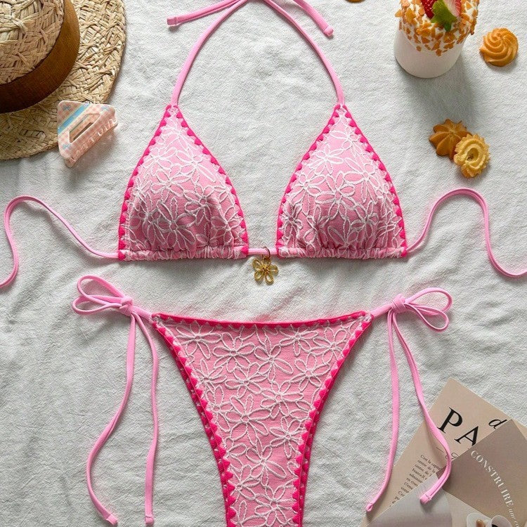 Damen Triangel-Bikini-Set mit floralen Stickereien Drune