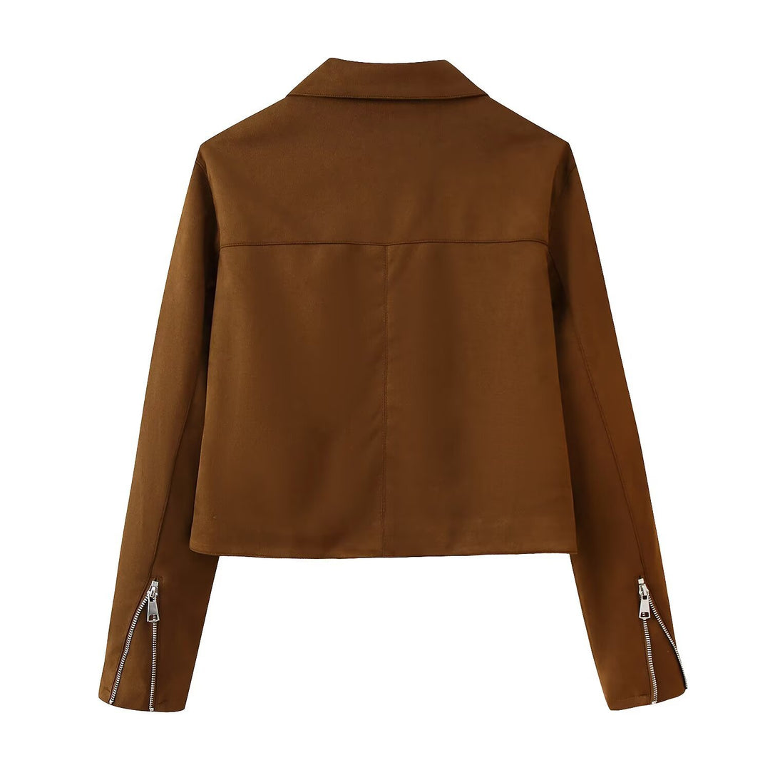 Damen Trendige Kunstlederjacke mit modernen Reißverschlüssen und klassischem Kragen Drune
