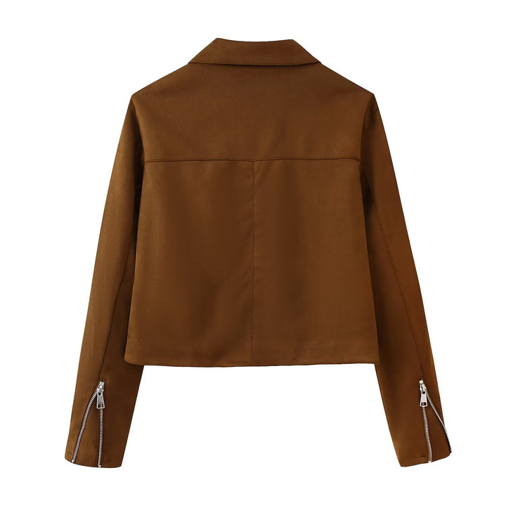 Damen Trendige Kunstlederjacke mit modernen Reißverschlüssen und klassischem Kragen Drune