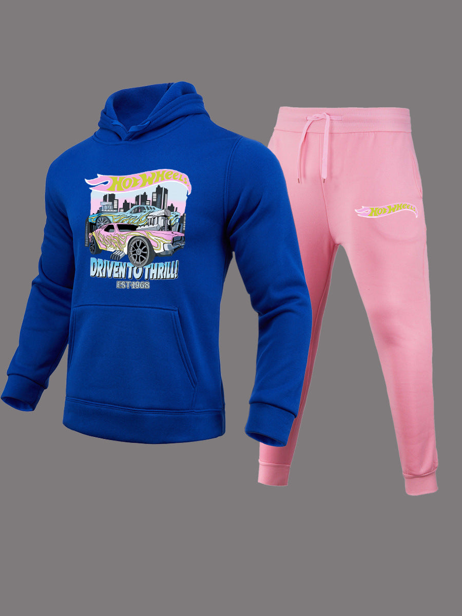 Damen bequemer Kapuzenpullover und Jogginghose Set mit auffälligem Auto-Motiv Drune