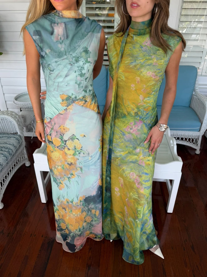 Damen Langes Kleid mit floralem Design und hochgeschlossenem Kragen Drune