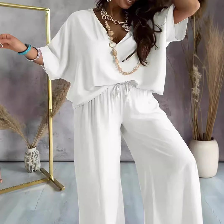 Damen eleganter Jumpsuit mit V-Ausschnitt und weitem Bein Drune