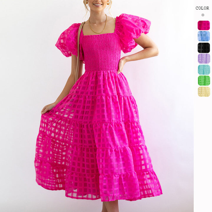 Damen Luftiges Maxikleid mit schwingendem Rock und voluminösen Puffärmeln Drune