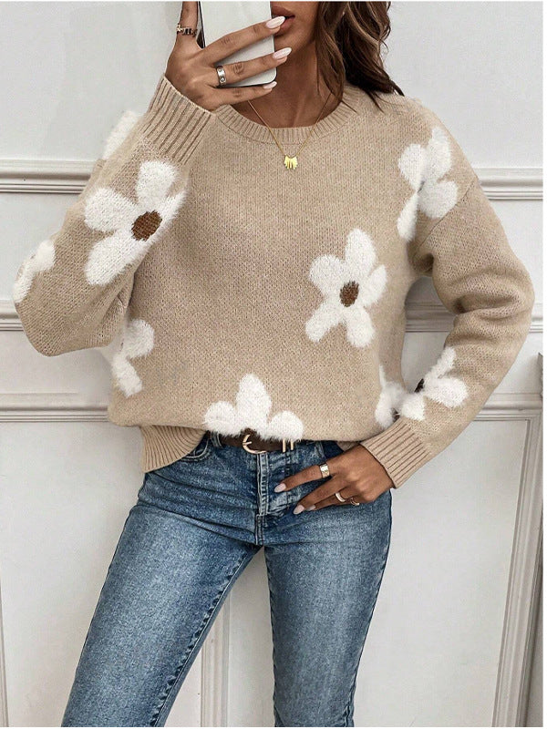 Damen Strickpullover mit floralem Design und modernem V-Ausschnitt Drune