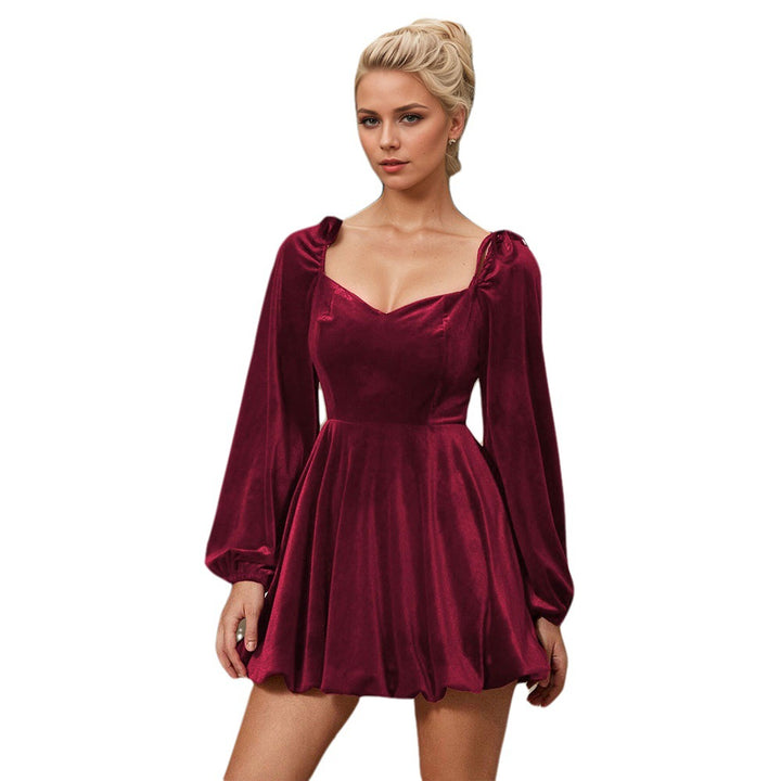 Damen Samt Minikleid mit Rüschenärmel und elegantem Herz-Ausschnitt Drune