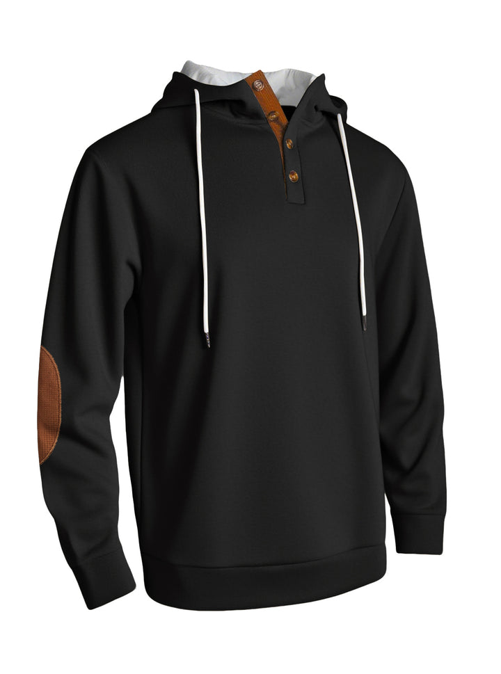 Herren nan Kapuzenpullover im puristischen Freizeitstil mit Henley-Knopfleiste, kontrastierter Kapuzeninnenseite und Ellenbogenaufnähern Drune