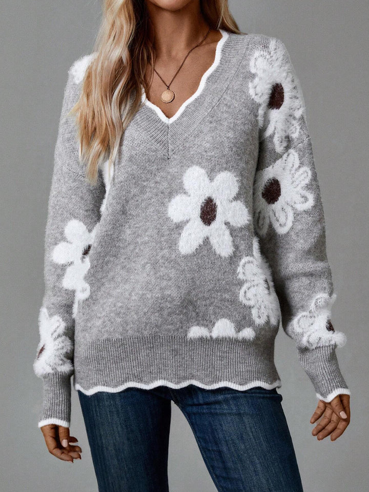 Damen Strickpullover mit floralem Design und glamourösem V-Ausschnitt Drune