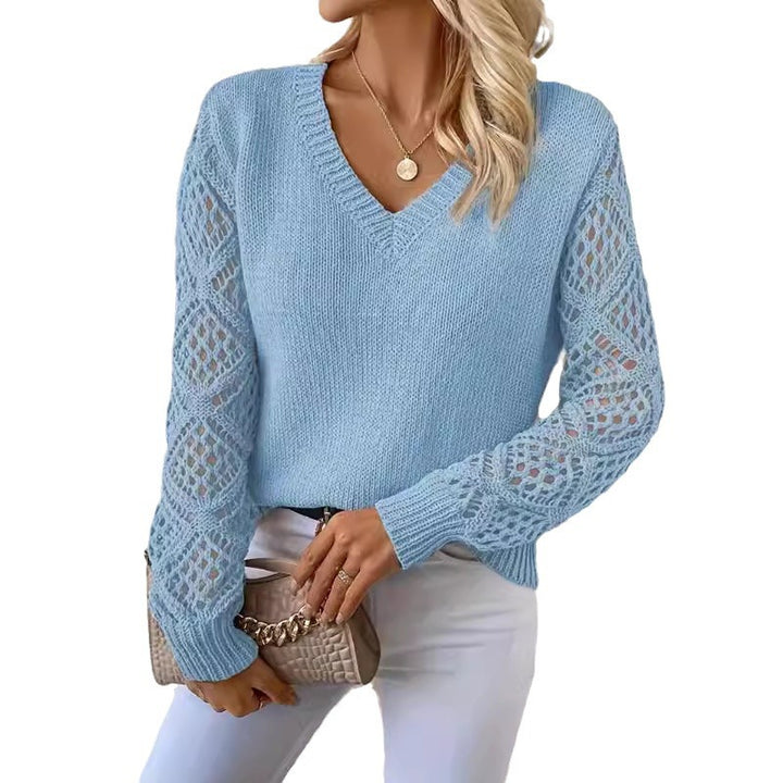 Damen Designer-Strickpullover mit extravaganten Lochmustern und V-Ausschnitt Drune