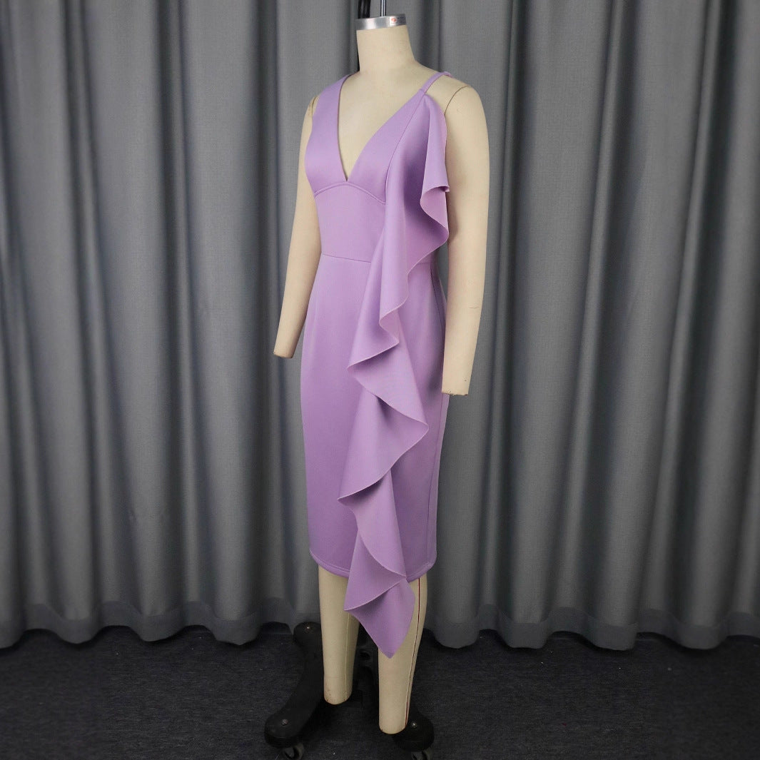 Damen figurbetontes Kleid mit asymmetrischem Rüschendesign Drune