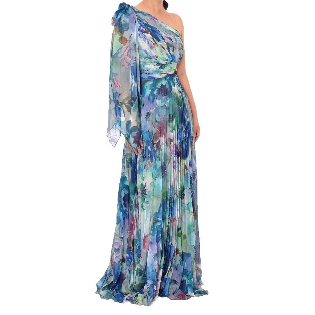 Damen Maxikleid mit einem schulterfreien Design und floralen Falten Drune