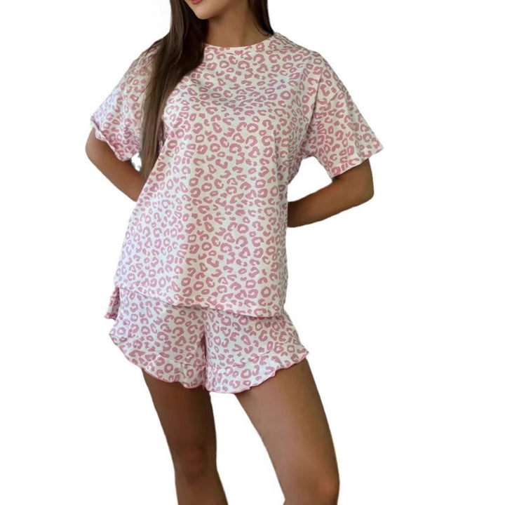 Drune | Leopardprint Kurzarm Shorts Schlafanzug Homewear Set