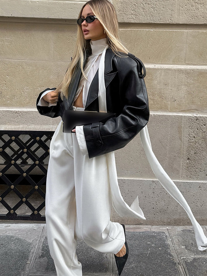 Damen Oversized Kunstlederjacke mit übergroßem Kragen und dekorativen Bindebändern Drune