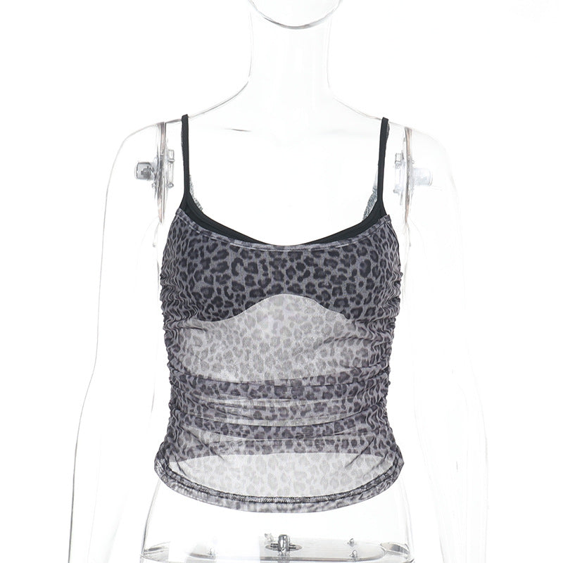Damen sportliches Spitze Top mit Leopardenmuster Drune