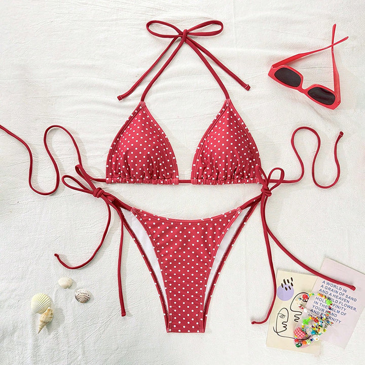 Damen Triangel-Bikini mit modischem Punkten-Design und verstellbaren Bindebändern Drune