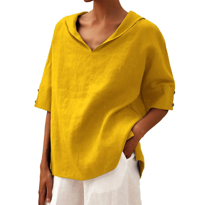 Damen lässige Leinenbluse mit Kapuze und kurzen Ärmeln Drune