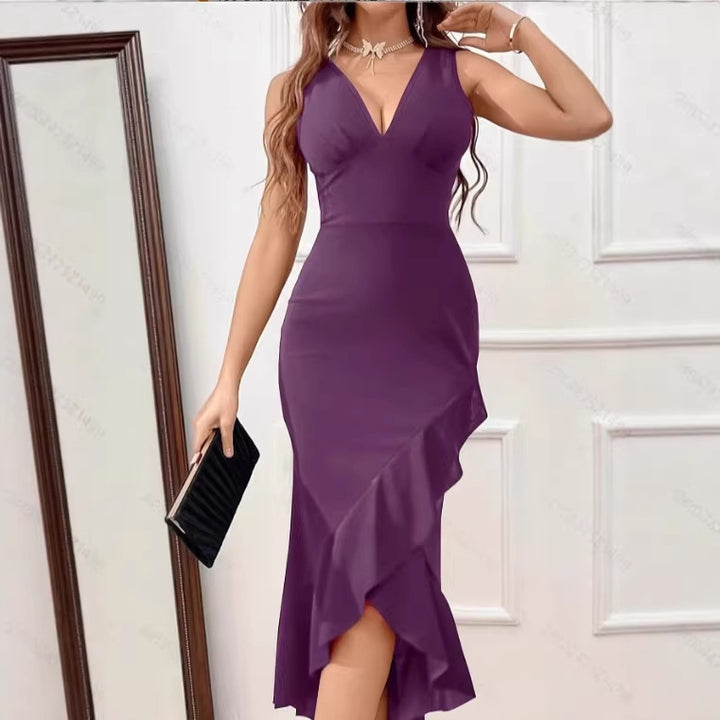 Damen Midikleid mit V-Ausschnitt und asymmetrischem Rüschensaum Drune