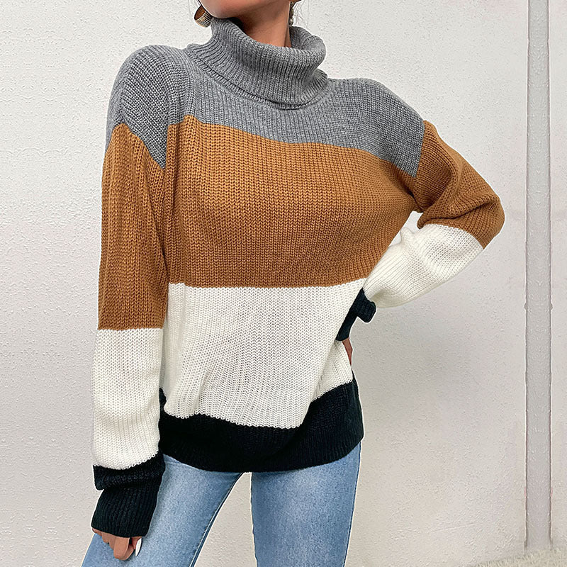 Damen Strickpullover mit hohem Kragen und trendigem Farbblockdesign Drune